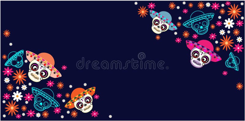 Cinco de马约角,死,墨西哥假日,节日的天 导航海报、横幅和卡片与糖头骨有帽子和花的 向量例证 Cinco de马约角,死,墨西哥假日,节日的天 导航海报、横幅和卡片与糖头骨有帽子和花的 向量例证